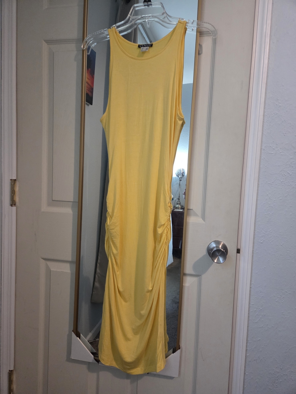 VENUS Sleeveless Yellow Side-Ruched Midi Dress-M